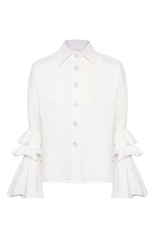 The Lulo Project Brave Ruffle Bell Sleeve Stretch Cotton Button-up Shirt In White