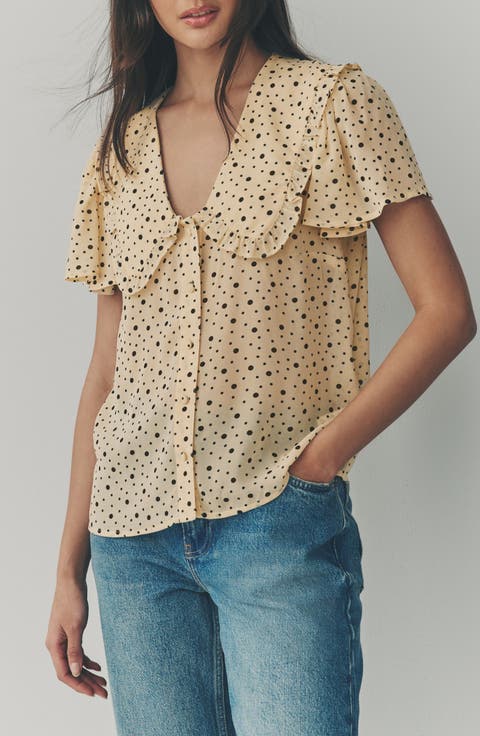 Ditsy Spot Peter Pan Collar Sheer Short Sleeve Blouse