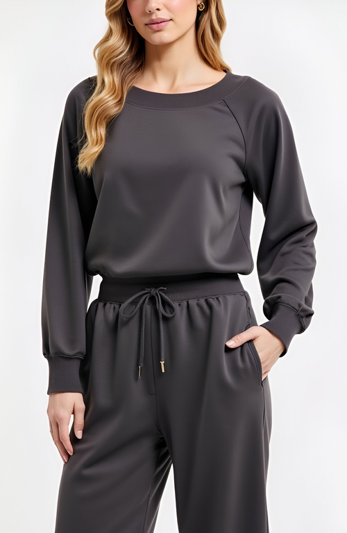 Modenaire Wide Leg Long Sleeve Crewneck Knit Jumpsuit With Drawstring Waist In Gray