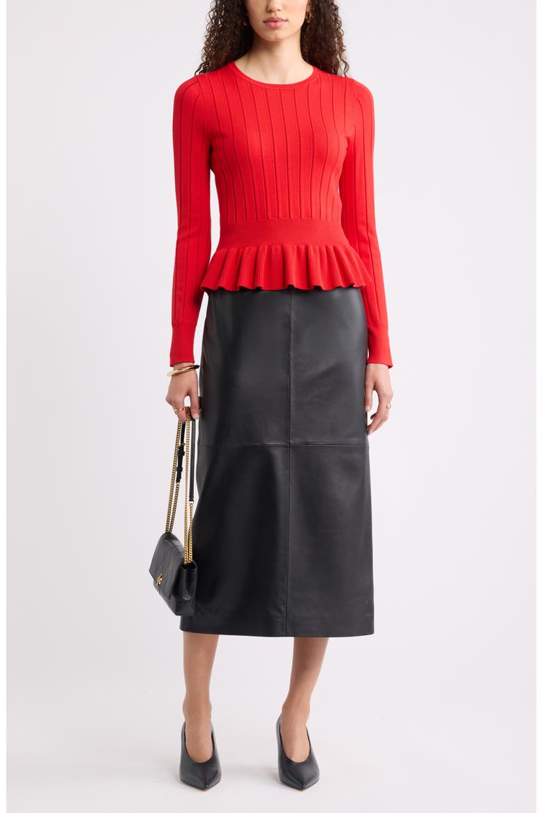 Ruffled Peplum Sweater, Alternate, color, RED GOJI