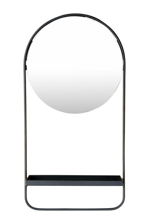 Round Floating Metal Framed Wall Mirror with Shelf, Black