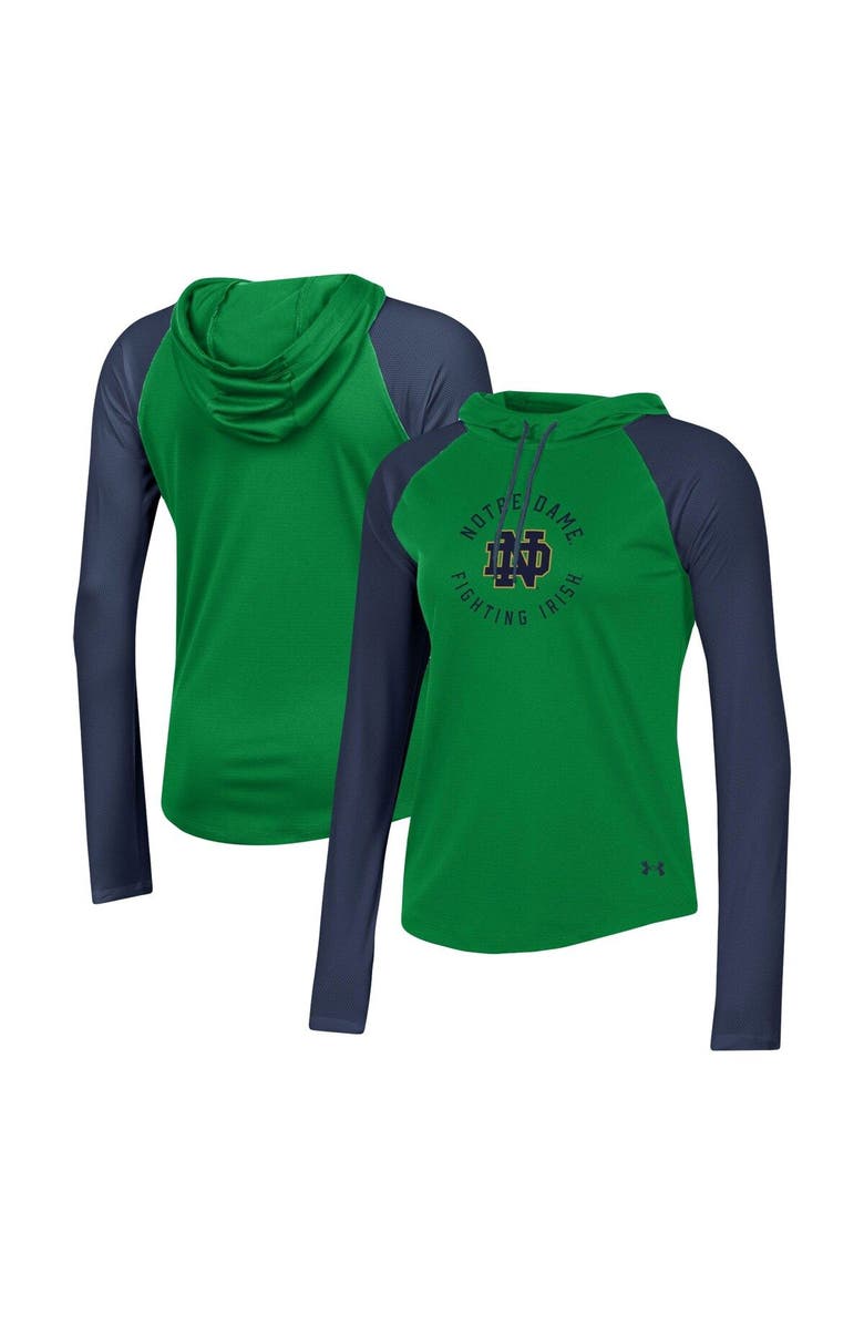 Under Armour Women's Under Armour Green Notre Dame Fighting Irish Gameday Mesh Performance Raglan Hooded Long Sleeve T-Shirt, Main, color, 