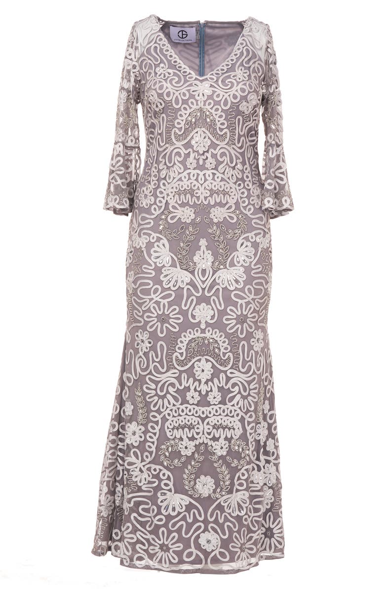 JS Collections Bell Sleeve Bead & Soutache Gown, Alternate, color,
