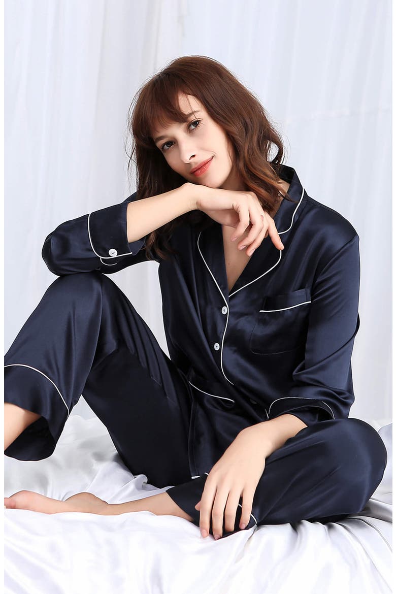 Women's Chic Trimmed Silk Pajama Set, Alternate, color, Navy Blue
