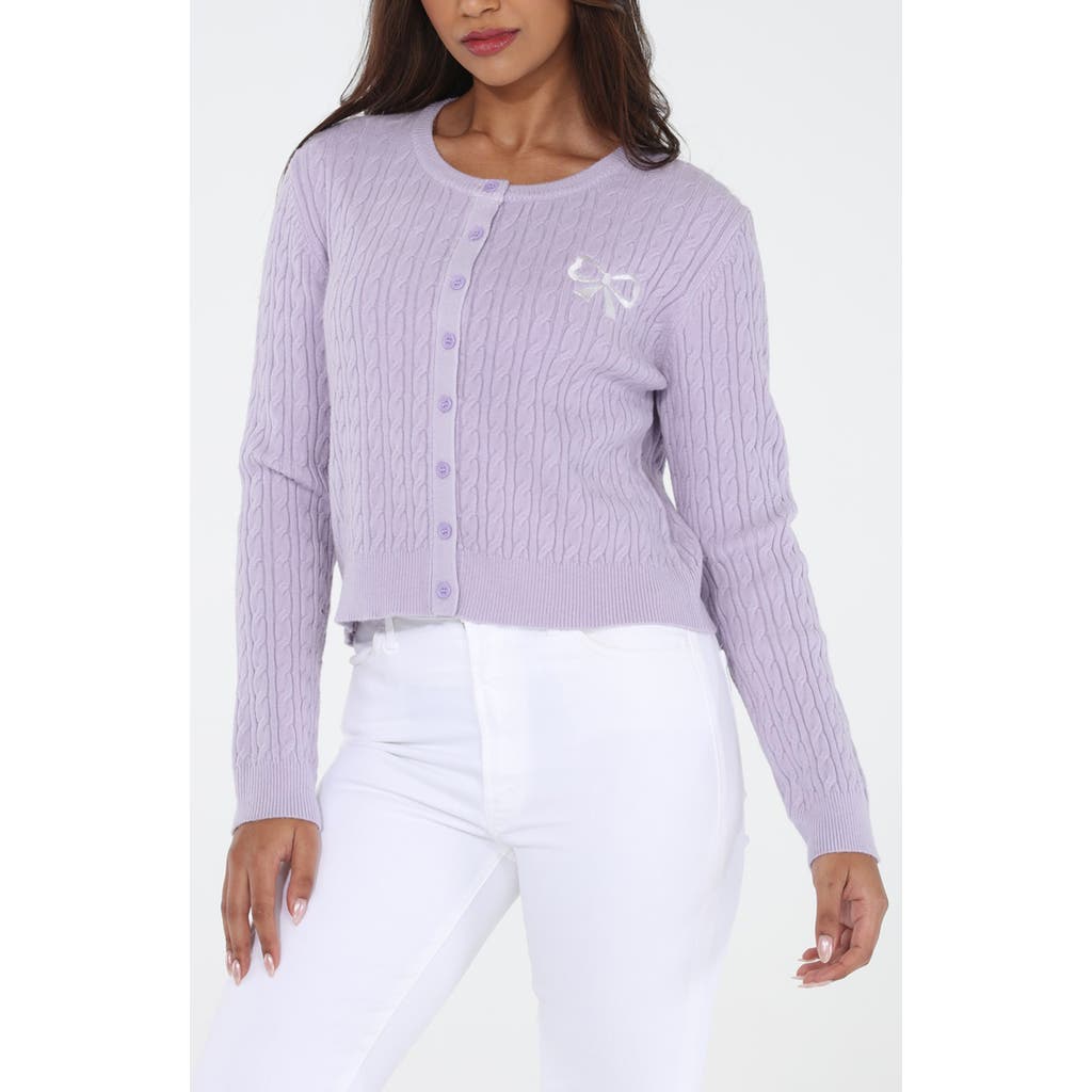 Rain And Rose Bow Embroidered Cable Knit Cardigan In Purple