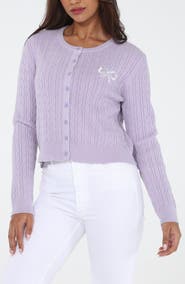 RAIN AND ROSE Bow Embroidered Cable Knit Cardigan