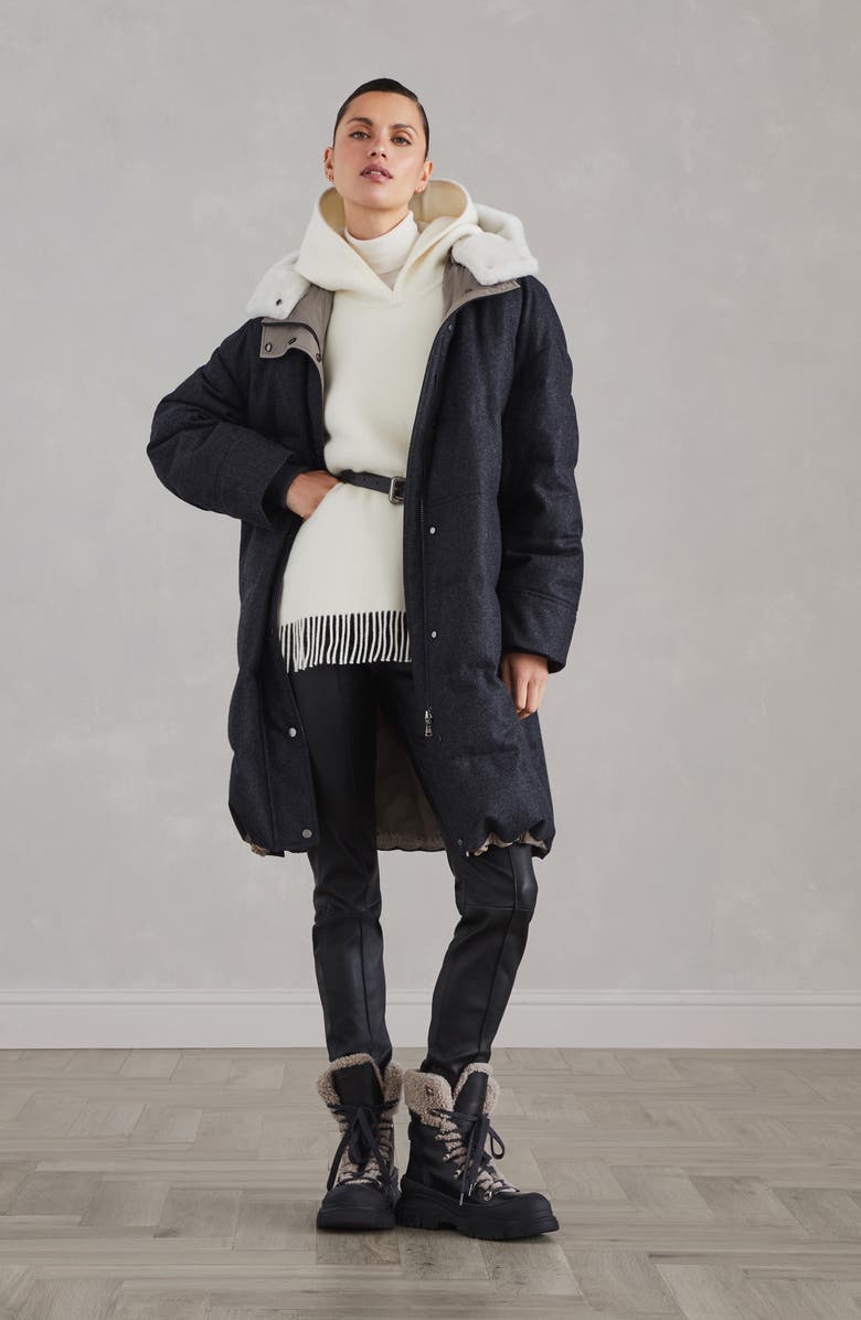 Brunello Cucinelli Wool and cashmere double knit poncho with hood and fringe, Alternate, color, 