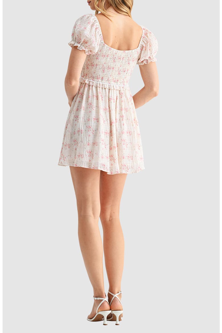 Floral Print Puff Sleeve Smocked Minidress, Alternate, color, CREAM PINK