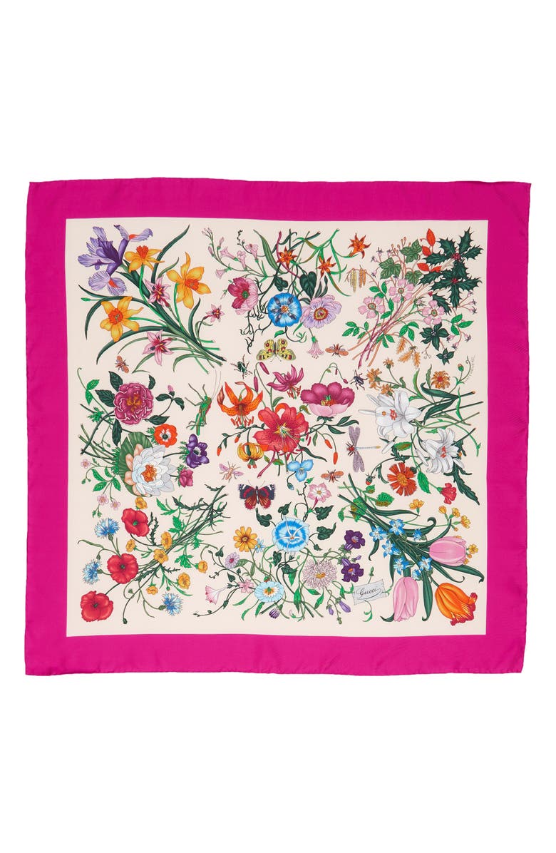 Gucci Flora Print Silk Twill Scarf, Main, color, 