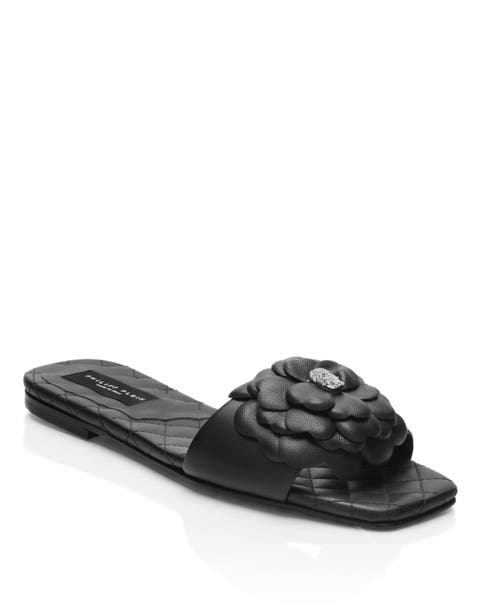 Leather Flat Slides Flower Women