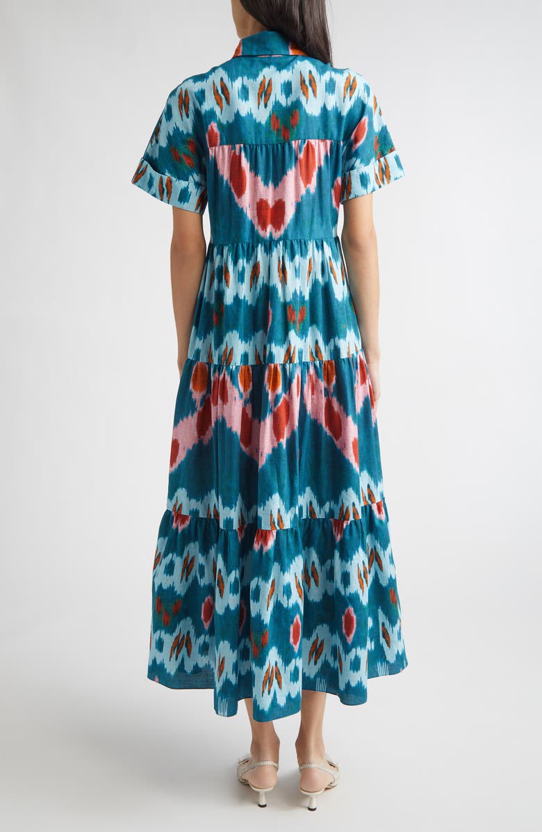 Erdem Ikat Print Tiered Cotton Sateen Midi Shirtdress, Alternate, color, Ikat Azure Blue