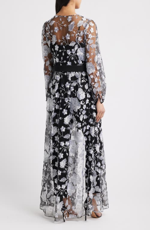Julia Jordan Floral Embroidery Long Jacket & Jumpsuit Set In Black/silver