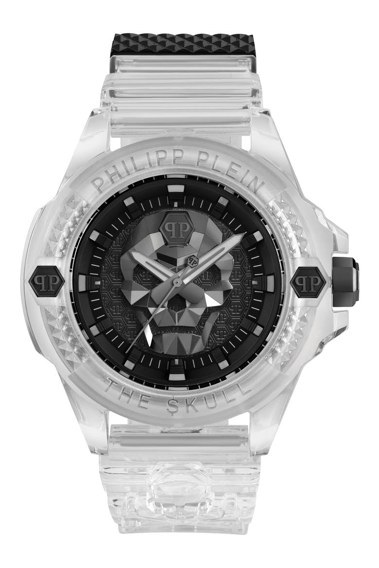 The Skull Plastic Strap Watch, 44mm, Main, color, TRANSPARENT