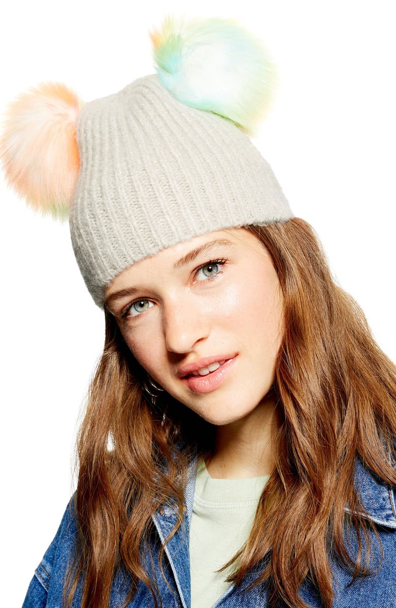 Topshop Faux Fur Double Pompom Beanie, Alternate, color, 