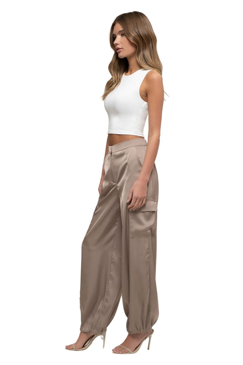 High Waist Satin Cargo Joggers, Alternate, color, TAUPE