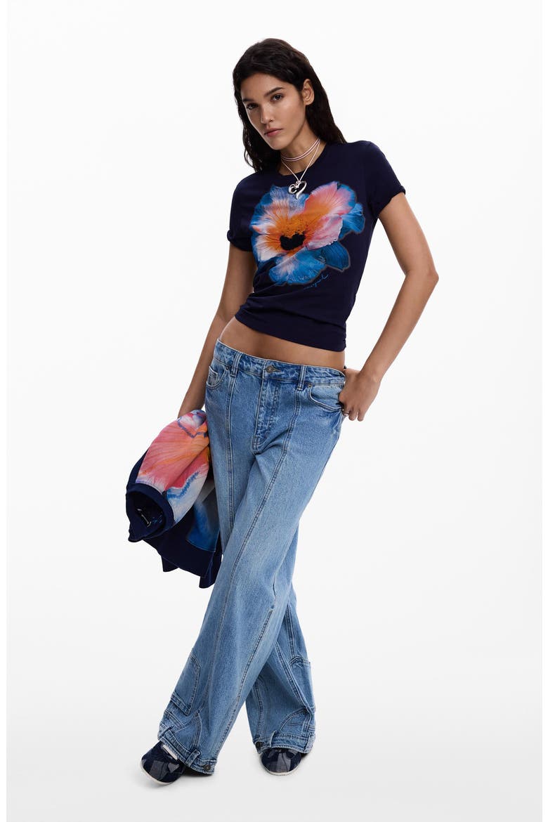 Embroidered Pansy Cotton Graphic T-Shirt, Alternate, color, NAVY BLUE