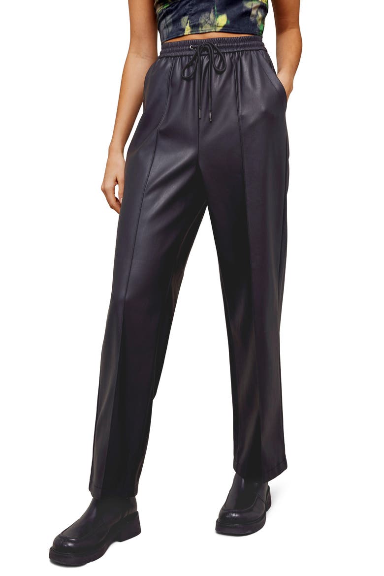 Faux Leather Straight Leg Trousers, Main, color, BLACK