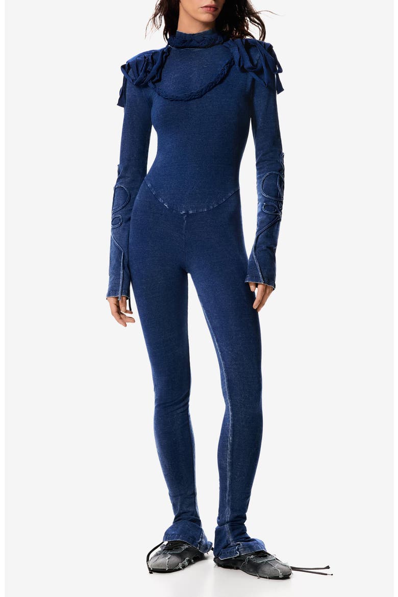 Texture Mock Neck Long Sleeve Jumpsuit, Main, color, NAVY BLUE