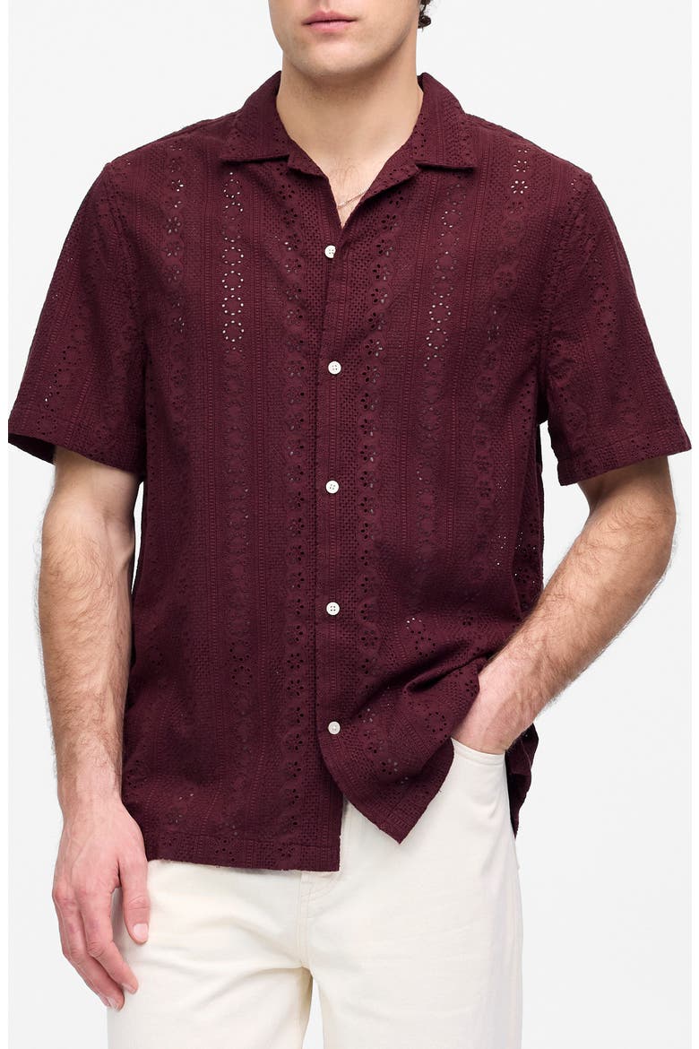 Short Sleeve Button-Up Shirt in Embroidered Cotton, Main, color, DUSTY PLUM