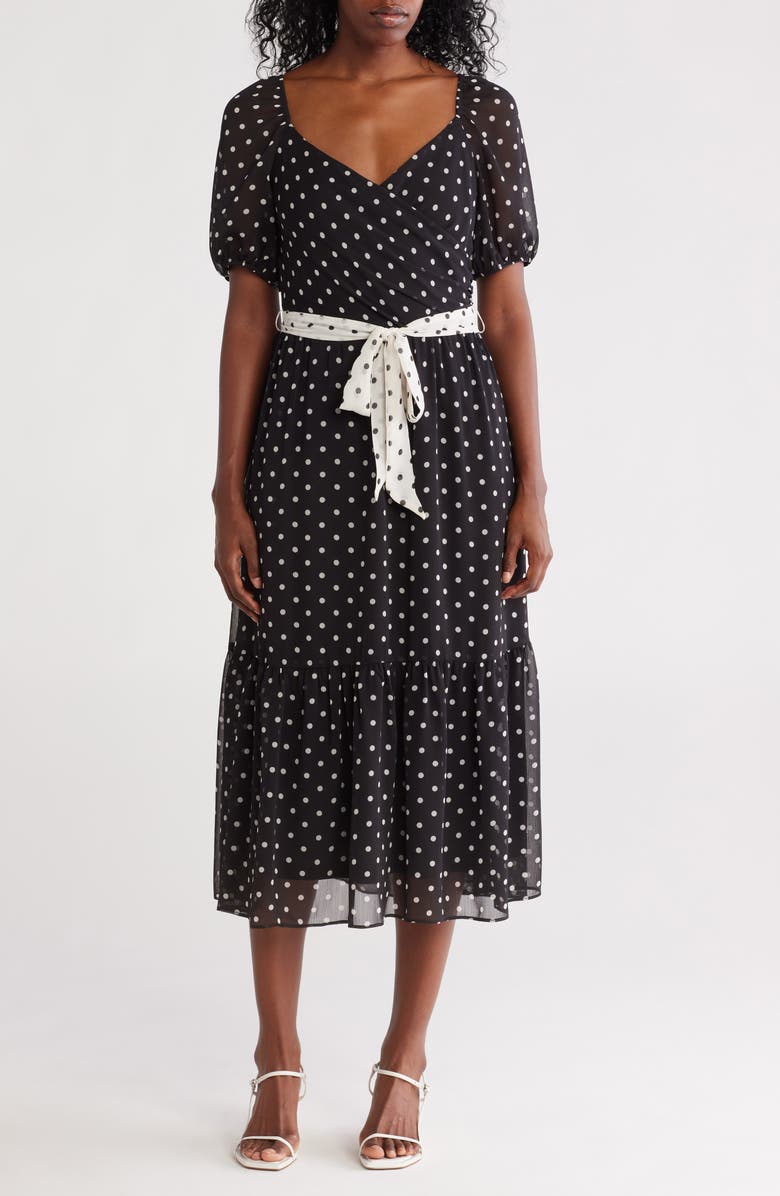 Julia Jordan Puff Sleeve Midi Dress, Main, color, Black/ White Dot