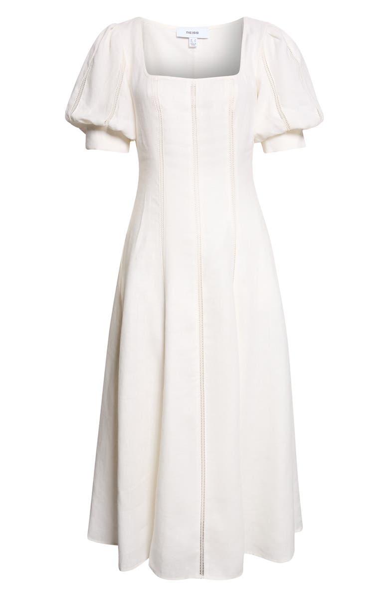 Reiss Riva Stitch Puff Sleeve Linen Midi Dress, Main, color, Ivory