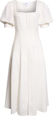 Reiss Riva Stitch Puff Sleeve Linen Midi Dress