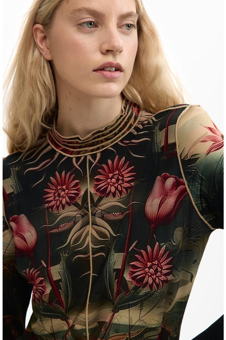 Floral Print Long Sleeve T-Shirt, Alternate, color, BLACK