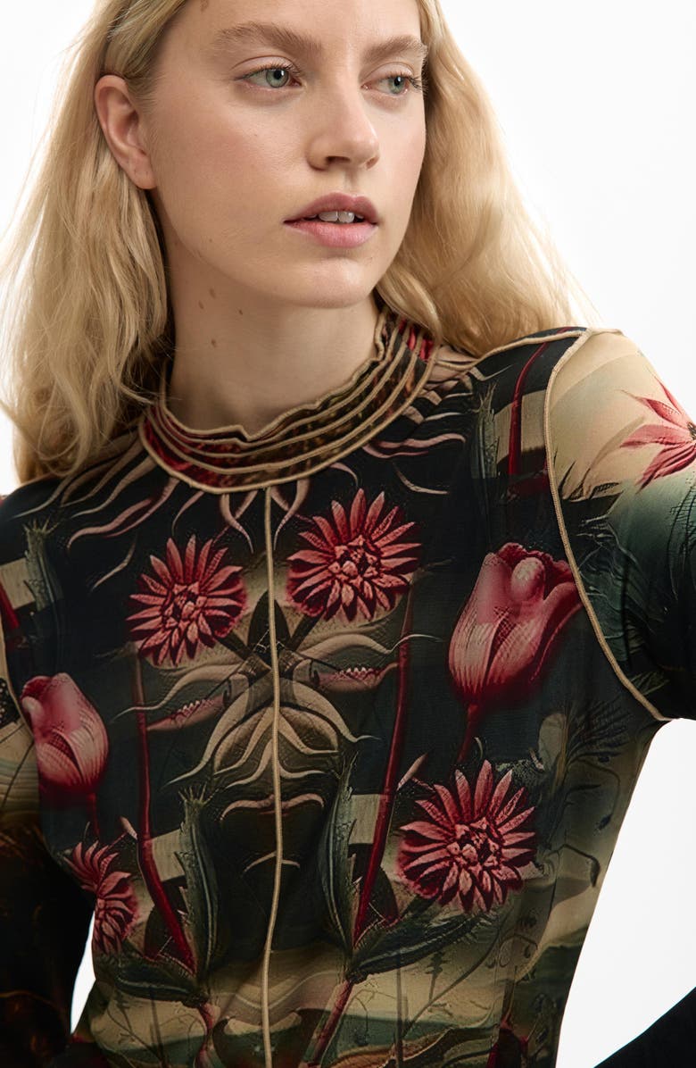 Desigual Floral Print Long Sleeve T-Shirt, Alternate, color, Black