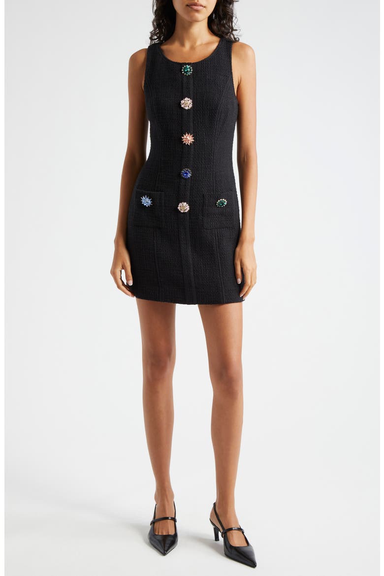 Randi Crystal Button Cotton Tweed Sheath Dress, Main, color, BLACK