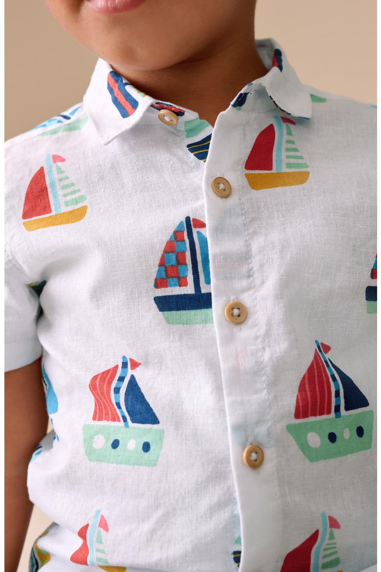 Kids' Sailboat Print Short Sleeve Button-Up Shirt, Alternate, color, WHITE