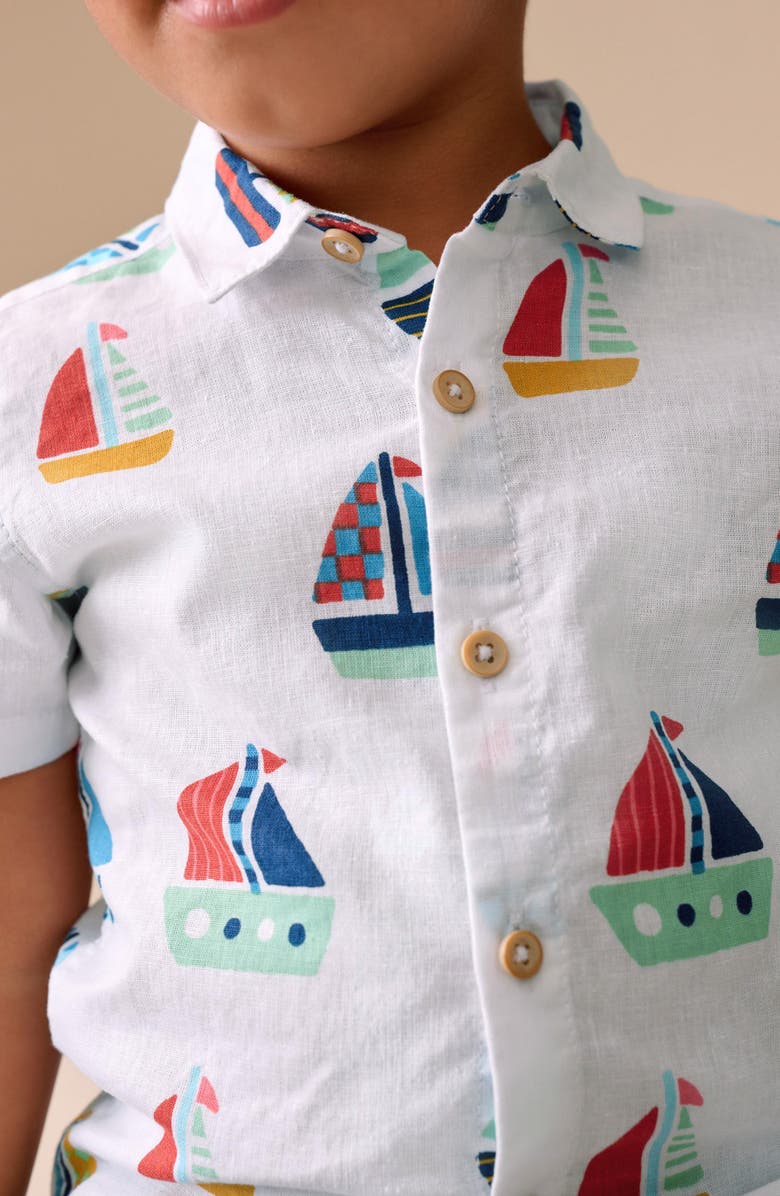 NEXT Kids' Sailboat Print Short Sleeve Button-Up Shirt, Alternate, color, White