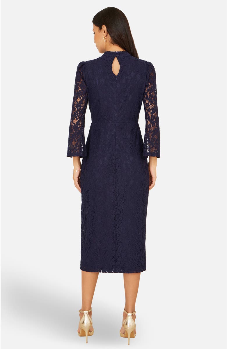 Yumi Lace Fitted Midi Dress, Alternate, color, Navy