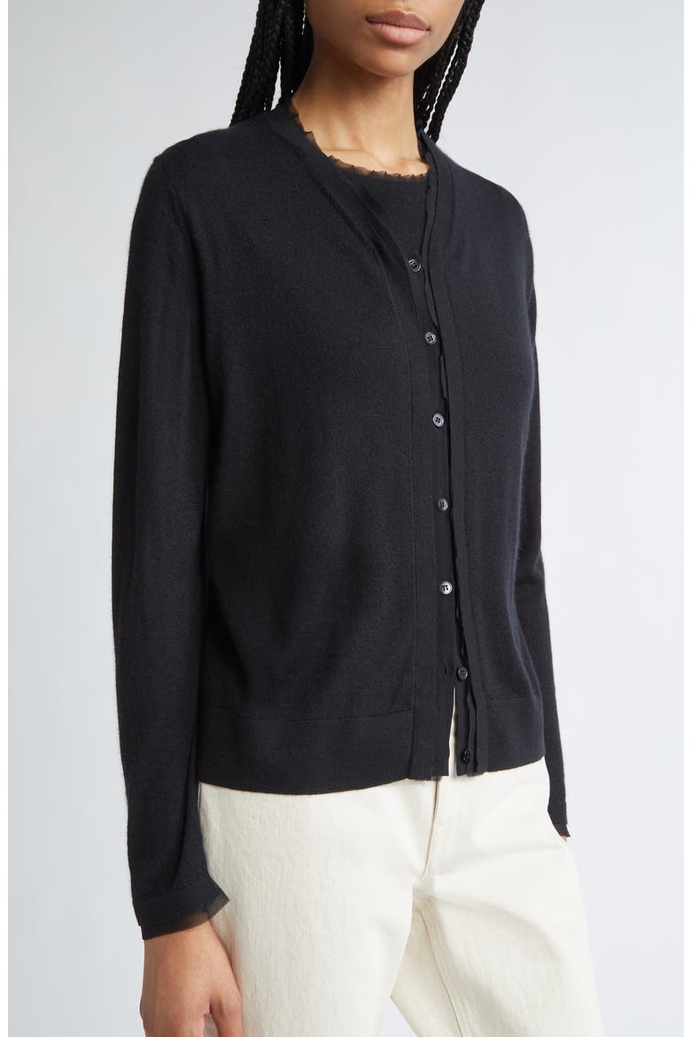 Chiffon Trim Cashmere Cardigan, Alternate, color, BLACK