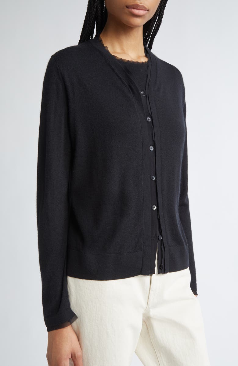 Lafayette 148 New York Chiffon Trim Cashmere Cardigan, Alternate, color, Black