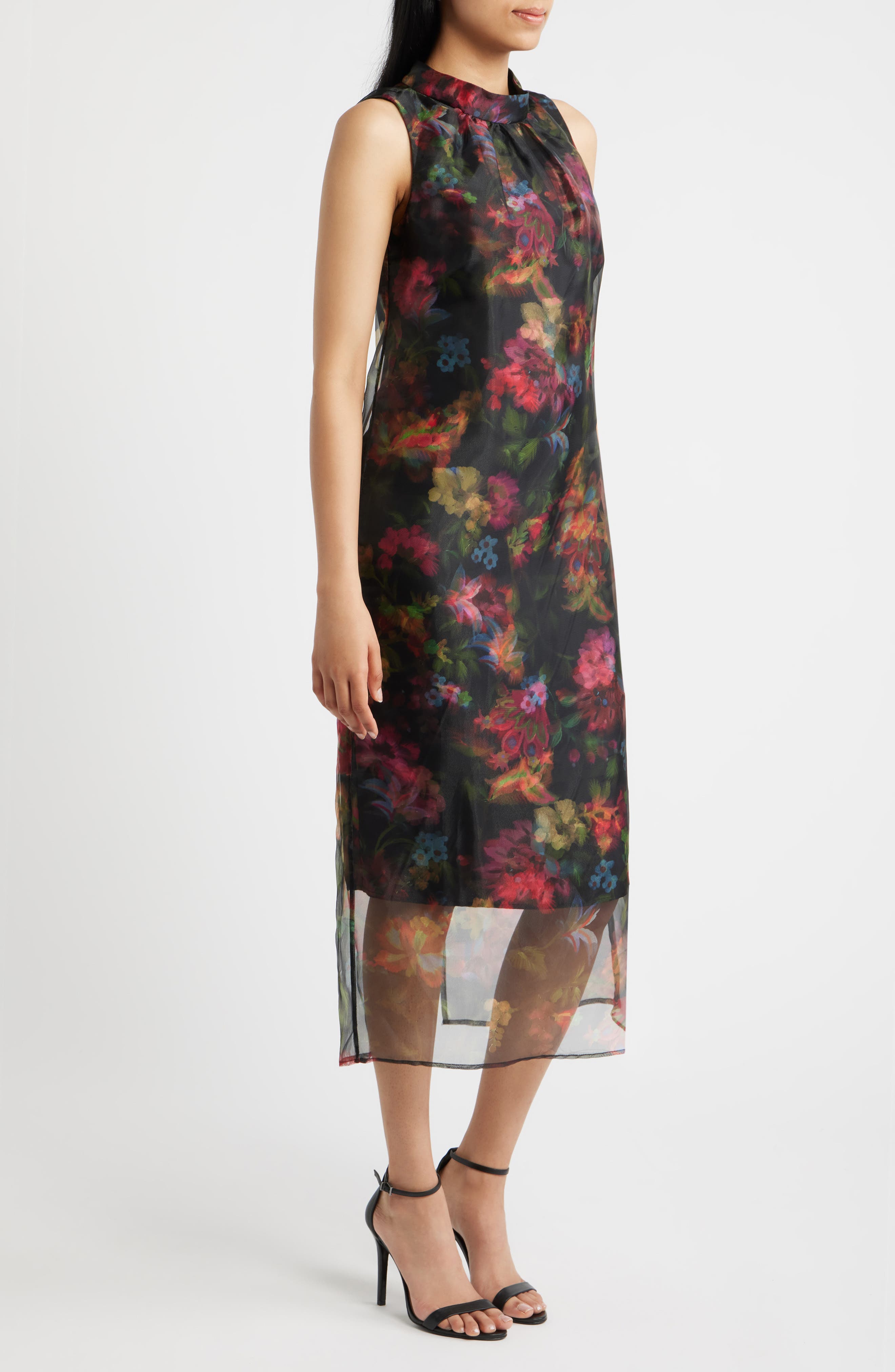 Vince Camuto Floral Print Organza Overlay Midi Dress (Women) | Nordstrom