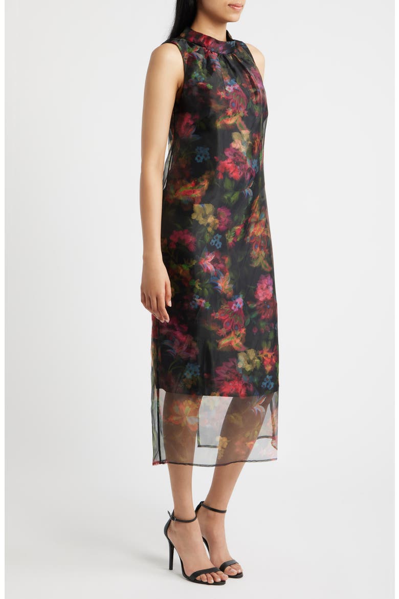 Floral Print Organza Overlay Midi Dress, Alternate, color, BLCK MULTI
