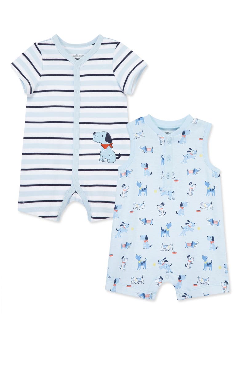 Little Me Puppies Assorted 2-Pack Cotton Rompers, Main, color, Blue