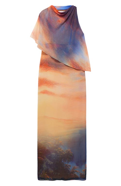Mango Abstract Print Cape Detail Gown