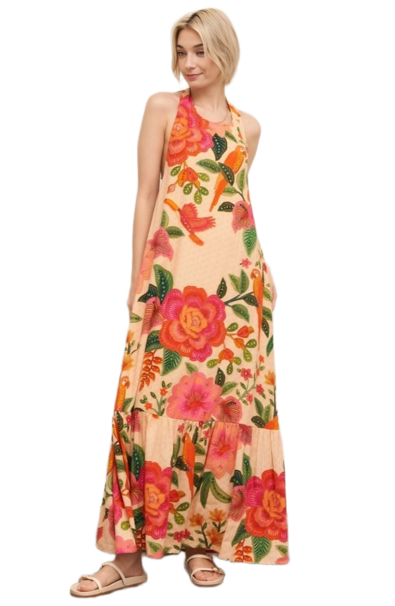 Knit and Lounge Tropical Halter Floral Bird Print Ruffle Hem Sleeveless Maxi Dress, Alternate, color, 