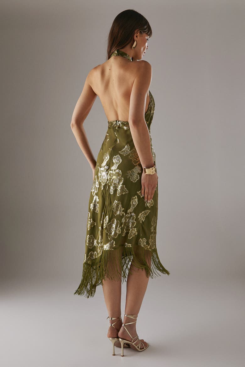 Metallic Chiffon Wrap Front Midi Dress, Alternate, color, Olive