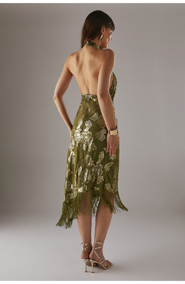Warehouse Metallic Chiffon Wrap Front Midi Dress, Alternate, color, Olive