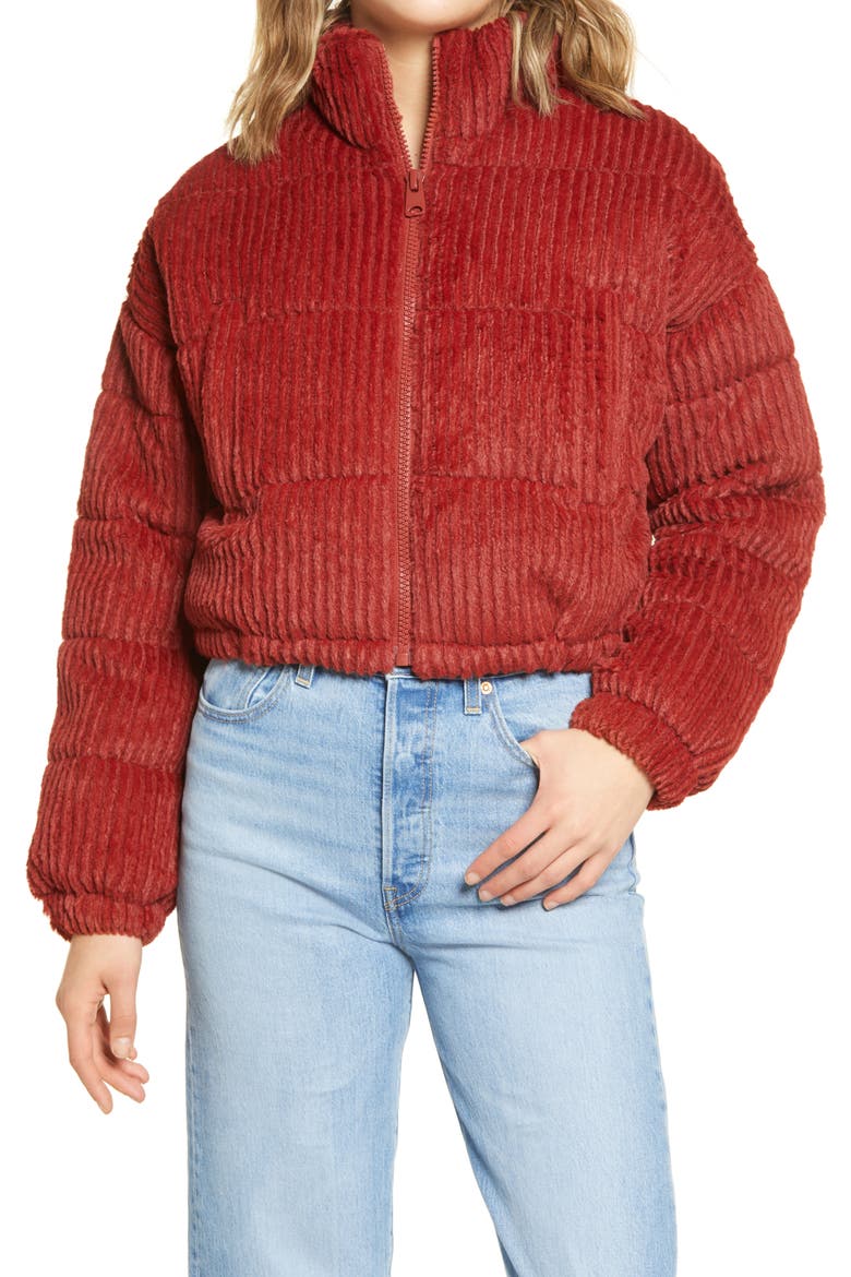 Fluffy Corduroy Crop Puffer Jacket, Alternate, color, RED