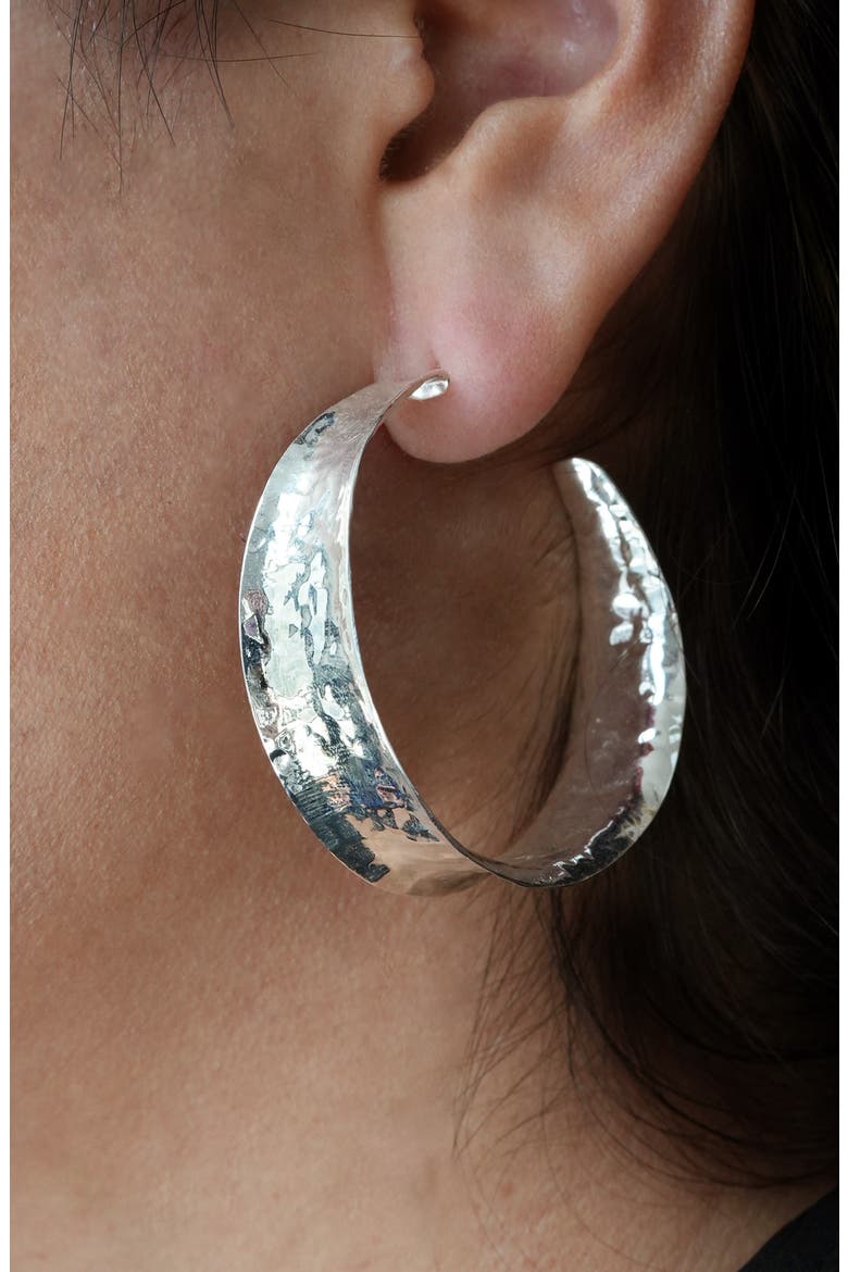Hammered Hoop Earrings, Alternate, color, SILVER