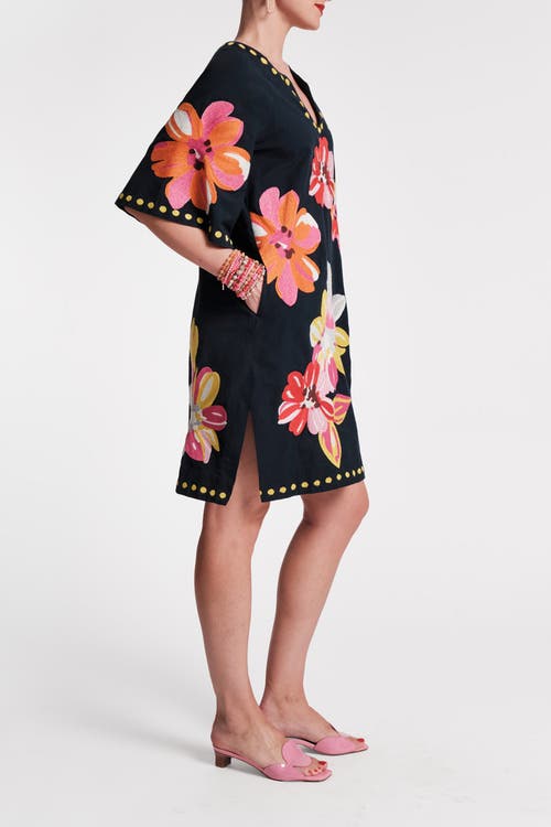 Frances Valentine Charming Caftan Mini Sun Floral Cotton Linen In Navy/multi