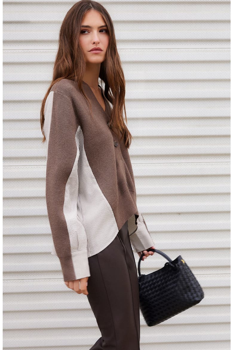 Celine Mixed Media Cardigan, Alternate, color, WOOD