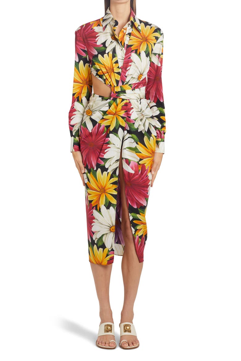 Abito Floral Long Sleeve Stretch Cotton Shirtdress, Main, color, BLACK 1