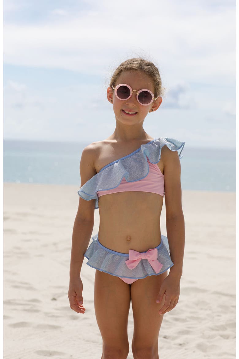 Kids' One Shoulder Glitter Ruffle Two-Piece Swimsuit, Alternate, color, Blue-Pink