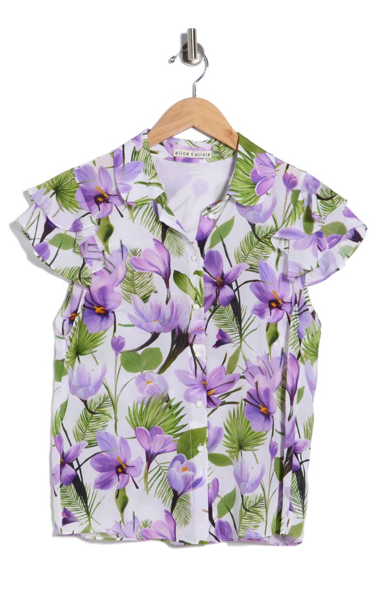 Alice + Olivia Ziggy Ruffle Cap Sleeve Top, Main, color, Floral Palm Cream