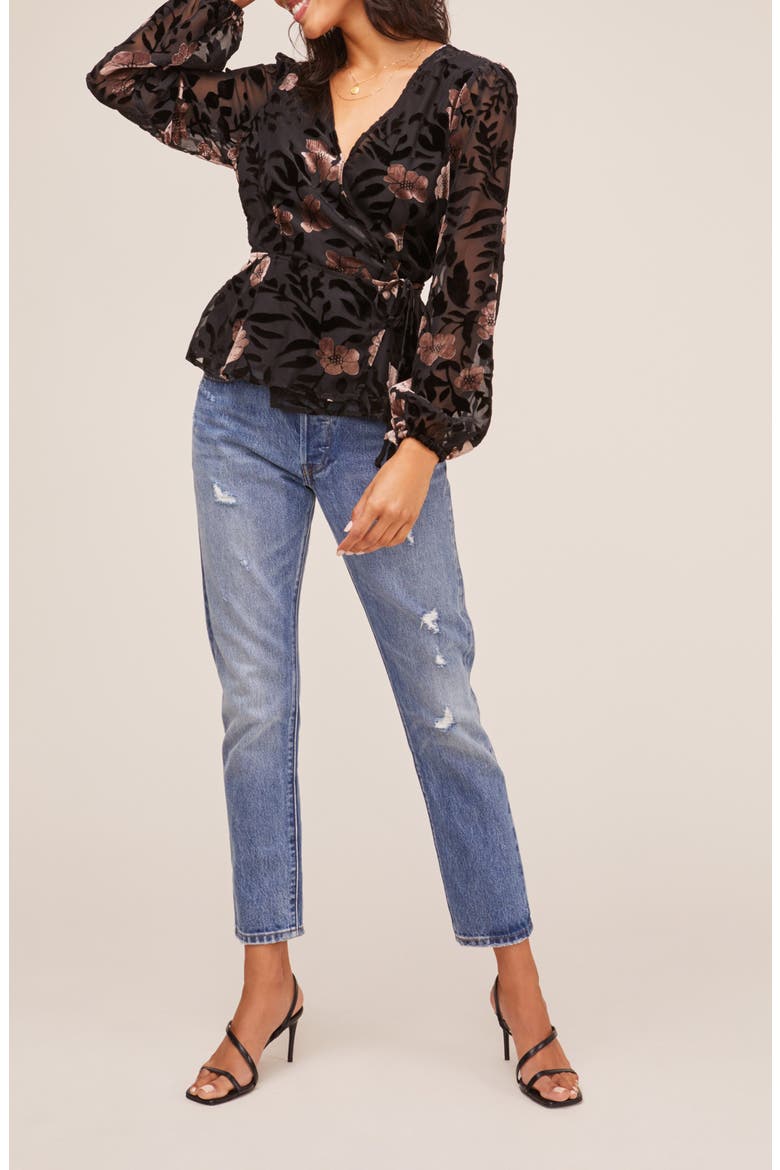 the Label Velvet Burnout Wrap Top, Alternate, color, BLACK/ MAUVE FLORAL