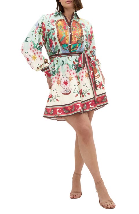 Ezra Mixed Print Long Sleeve Shirtdress (Plus)